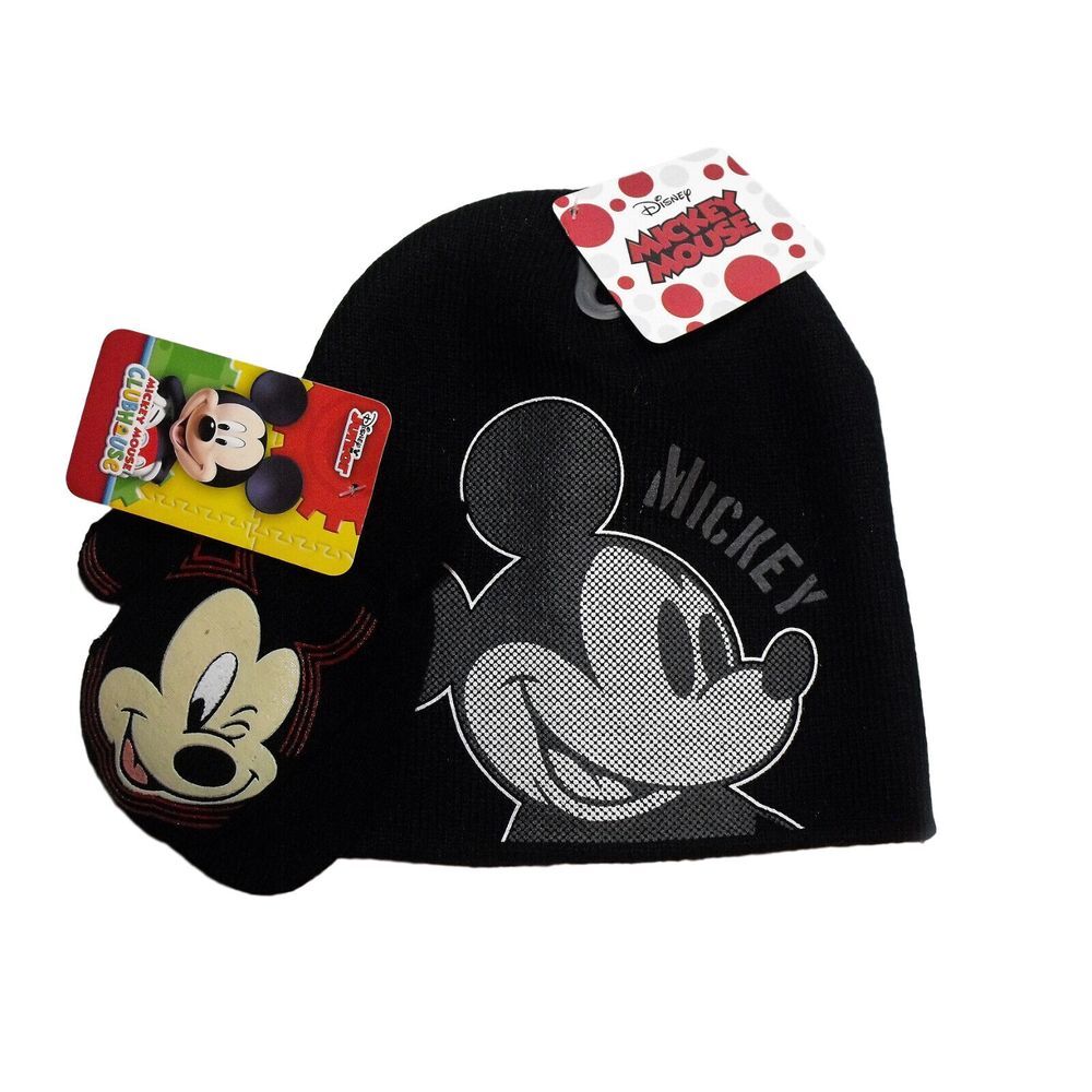 Mickey Mouse Black Toddler‎ Knit Beanie Winter Hat Mickey Black Mittens NWT